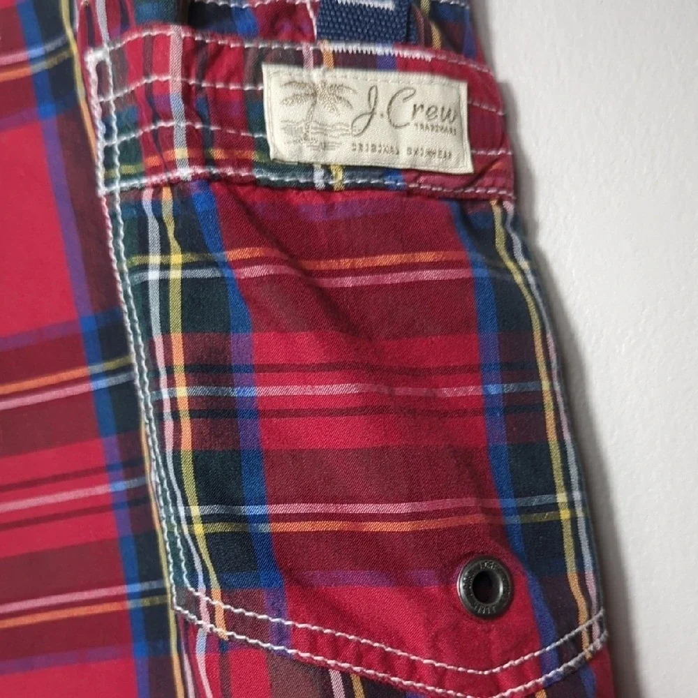 J. Crew Red Tartan Plaid Men's Swim Trunks‎ Board Shorts Size 33 Preppy Classic
